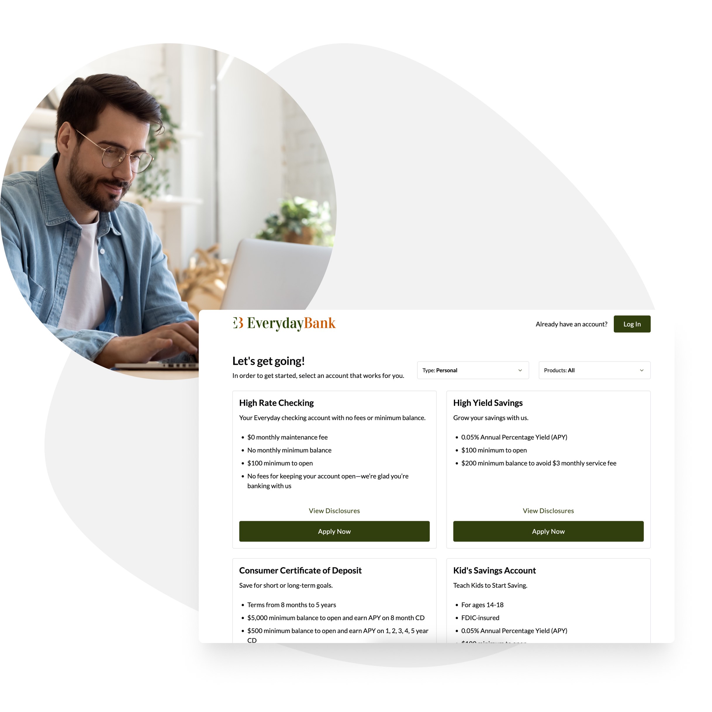 A man in his home using a computer to open a credit union account.