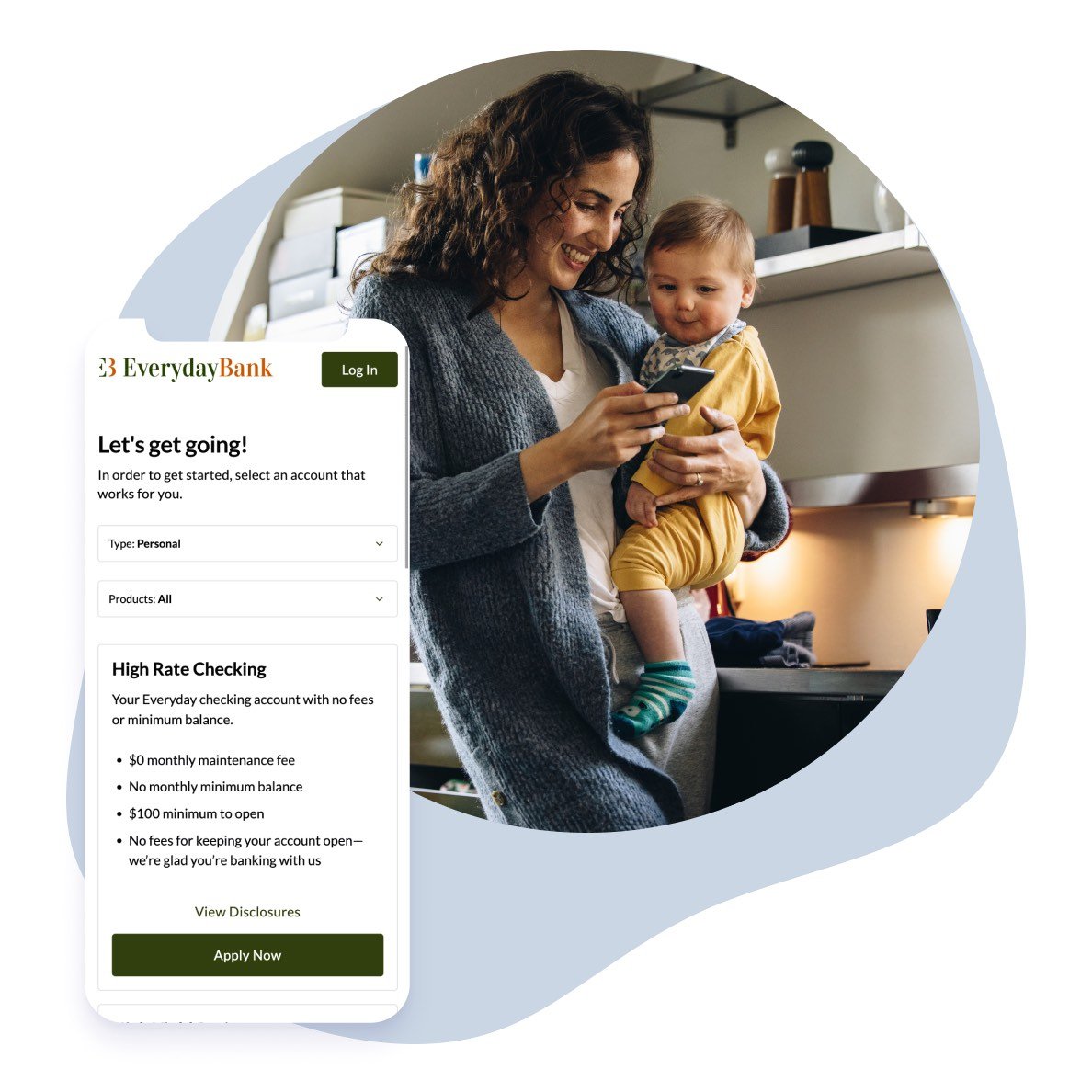 A smiling mom holds her newborn while handling consumer banking tasks on her mobile device.